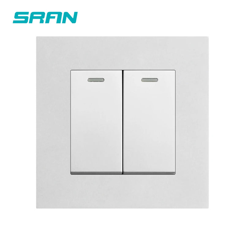 SRAN Wall Light switch 2gang 1/2way 16A 86mm*86mm white/black/gold/gray flame retardant pc panel with  iron plate rocker switch