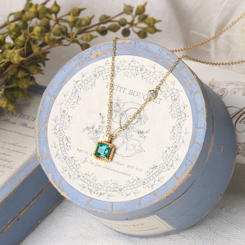 LAMOON Synthetic Emerald Necklace For Women Emerald Pendants Gemstone Necklaces 925 Sterling Silver 14K Gold Plated LMNI097