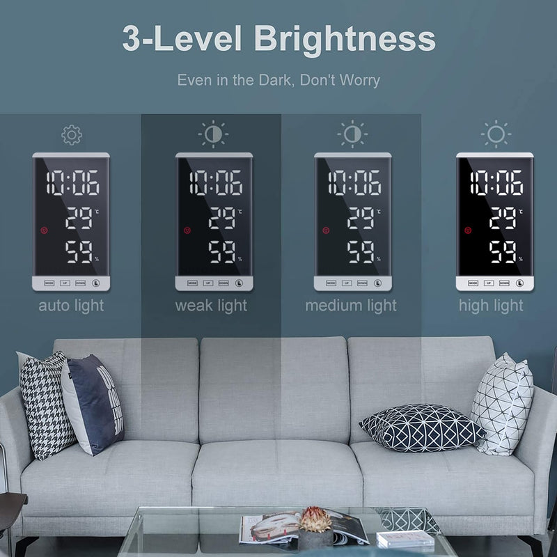 6 Inch LED Mirror Alarm Clock Touch Button Wall Digital Clock Time Temperature Humidity Display USB Output Port Table Clock