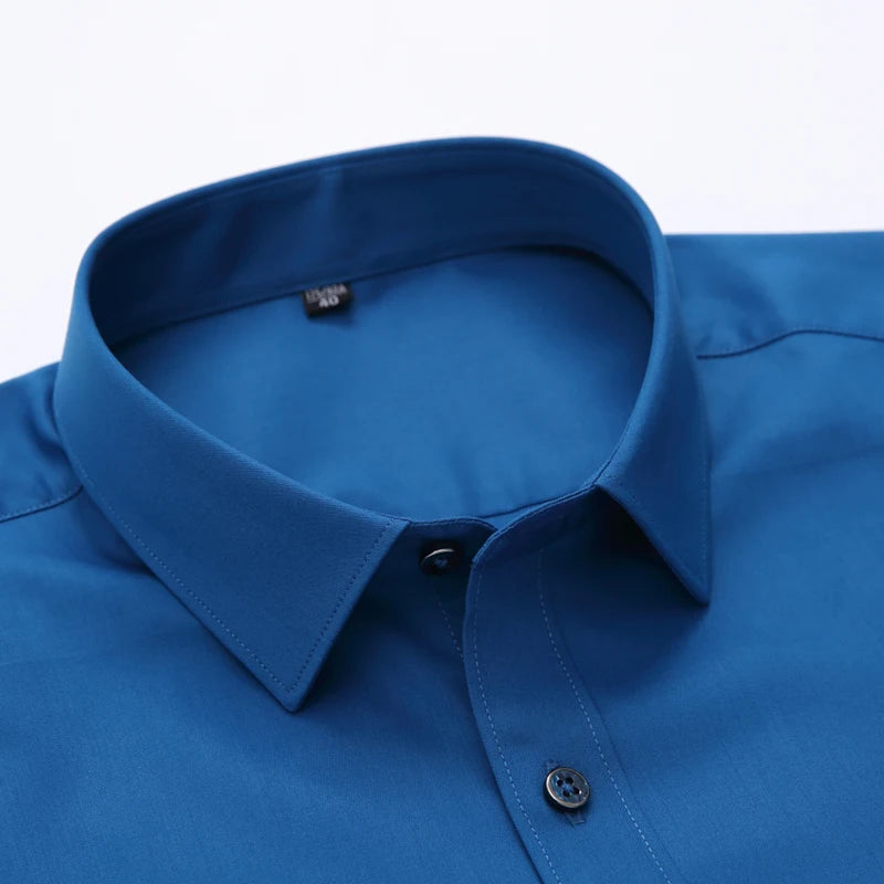 Summer Short Sleeve Men's Slight Strech Bamboo Fiber Shirts Without Pocket Standard-fit Formal Business Solid Basic Dress Shirt