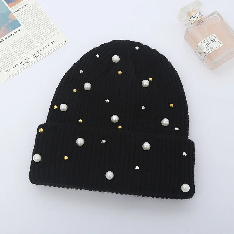 Winter Knitted Beanie Women Fashion Rhinestone Pearls Knitting Hats Ladies Casual Skullies Cap Female Solid Color Casual Bone