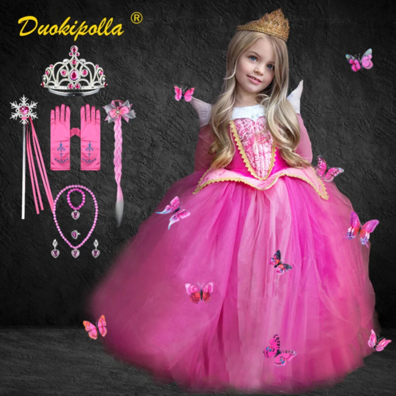 Halloween Sleeping Beauty Costume Summer Girls Aurora Dress Fluffy Girls Off Shoudler Pink Dresses Fancy Fairy Princess Dress Up