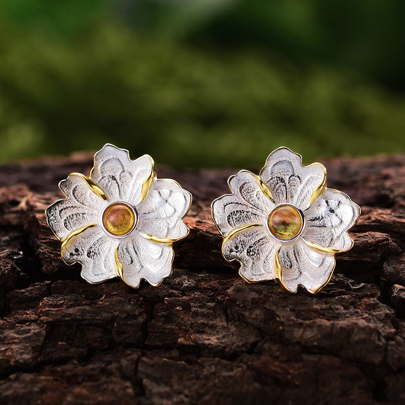 Lotus Fun Real 925 Sterling Silver Earrings Natural Gemstone Original Handmade Fine Jewelry Peony Flower Stud Earrings for Women