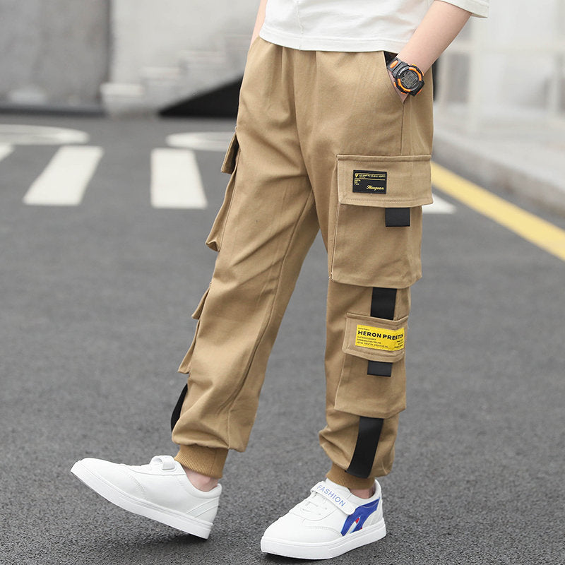 Kids Boy Tape Side Cargo Pants Loose Style Teenager Khaki Black Cargo Pants Classic Kids Sports Trousers for Big Boy 4-13 Years