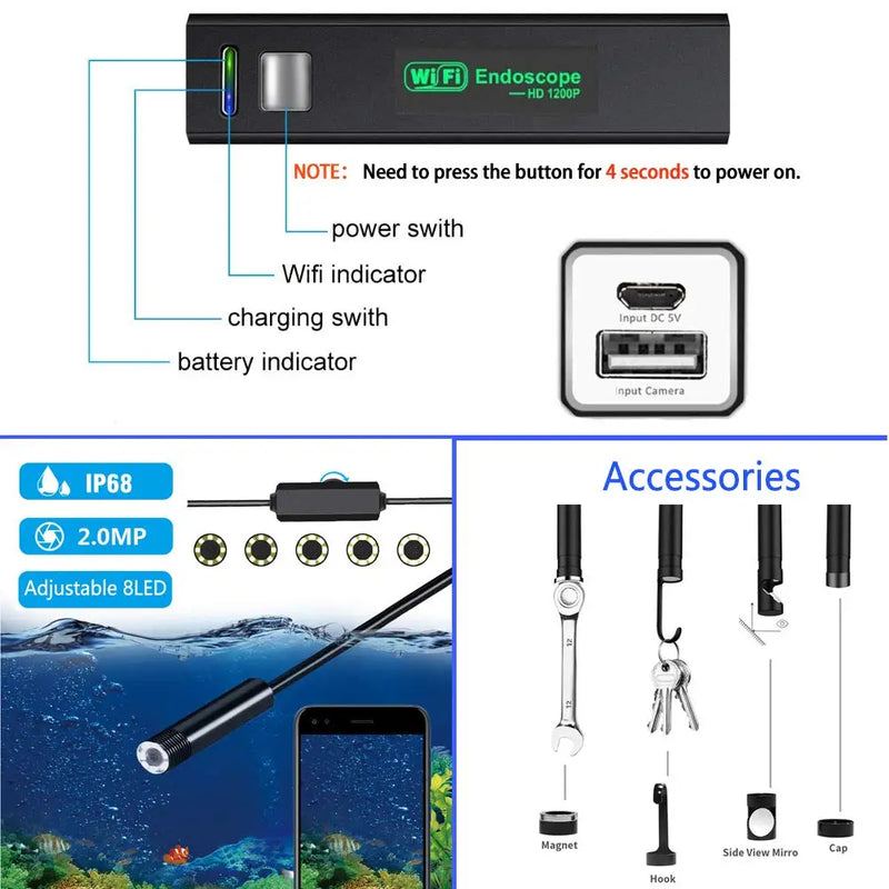 Wireless Endoscope IP67 Waterproof WiFi Borescope Inspection 2.0 MP HD Snake Camera for Android IOS With lowest price For BR