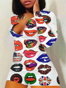 Sexy Women V-neck Bodycon Sleepwear Jumpsuit Bodysuit Shorts Romper Bodysuit Leotard Long Sleeve Lips Print Button Bodysuit