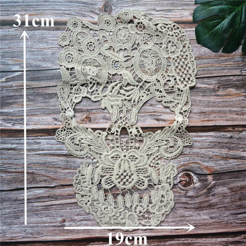 Beige Embroidered Skull Flora Fabric Collar Gothic Gown Appliques Sew On Patch For Wedding Decoration Dress DIY