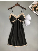 Womens Sexy V-neck Nightwear Femme Satin Sling Shorts Sleepwear Lingerie Lace Sleeveless Underwear Pijama Feminino No chest pad