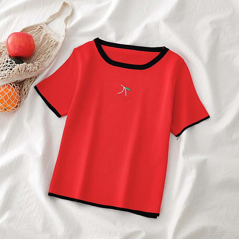 HELIAR Plain T-shirts Cherry Printed Tees Women Summer Knitted O-Neck Short Sleeve Knitted T-shirts Women Black Hem T-Shirts