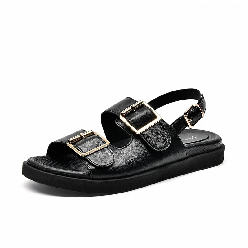 BeauToday Sandals Women Genuine Cow Leather Metal Detailed Ankle Buckle Strap Summer Beach Ladies Low Heel Shoes Handmade 38128