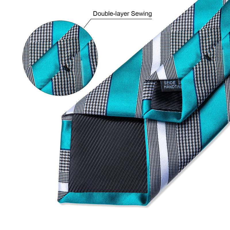 Gift Men Tie Teal Blue White Striped Silk wedding Tie For Men DiBanGu Designer Hanky Cufflink Quality Men Tie Set Business 7339