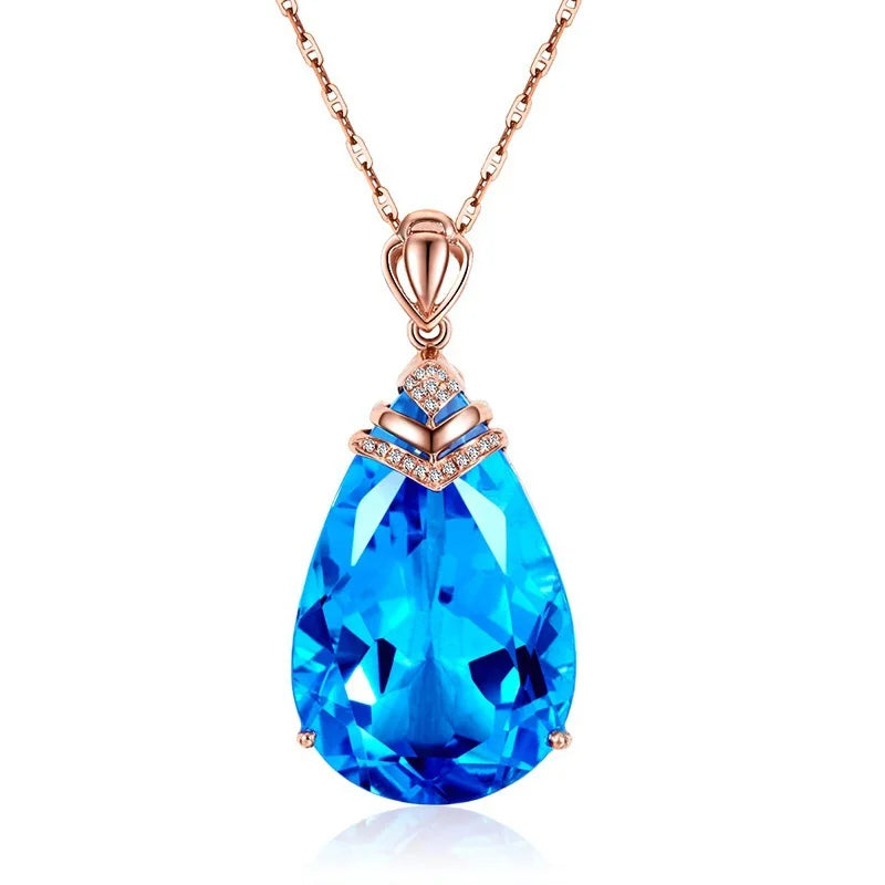 HOYON 14K Rose Gold Color Necklace Blue Sapphire Pendant Women's Topaz Pendant Chalcedony Pendant Piercenki Bizuteria Jewelry
