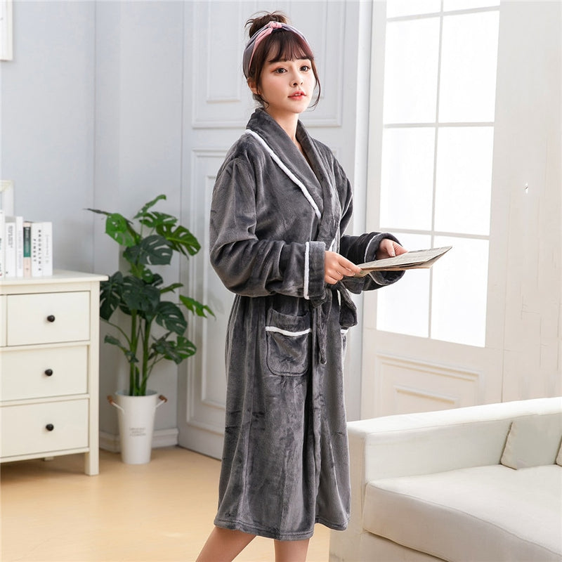 Winter Thick Warm Female Coral Fleece Kimono Robe Lovers Couple Nightgown Bath Gown Sleepwear Men Large Nightwear M L XL XXL 3XL