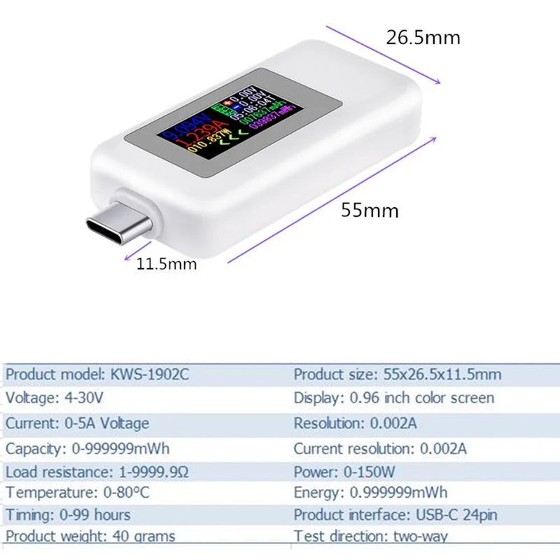 10 in 1 DC Type-C Color Display USB Tester 0-5A Current 4-30V Voltage USB Charger Tester Power Meter Mobile Battery Detector
