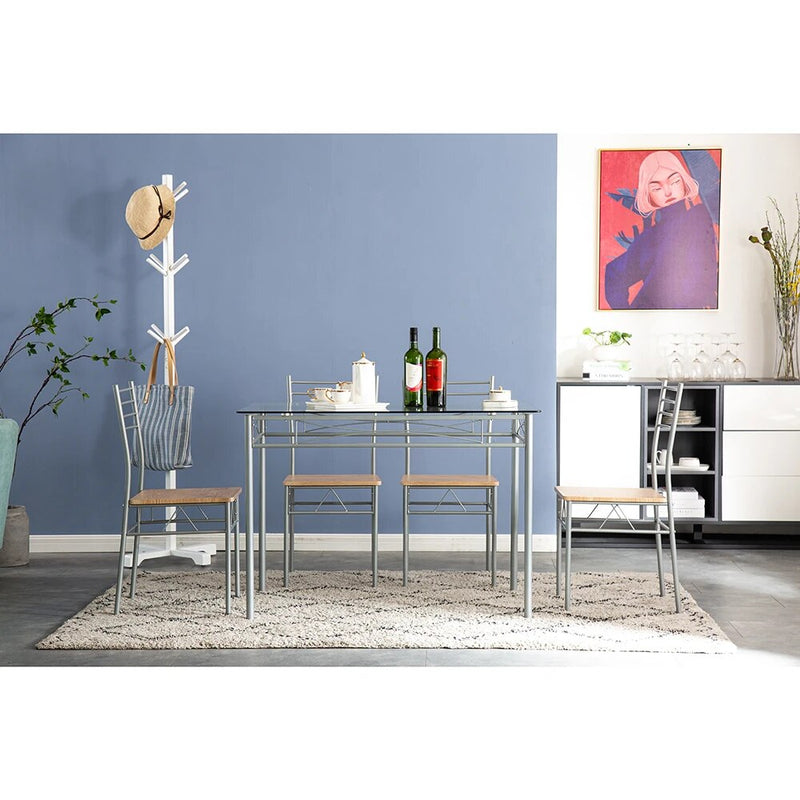 110 x 70 x 76cm Iron Glass Dining Table Set  Dining Table and Chairs Silver One Table and Four Chairs MDF Cushion