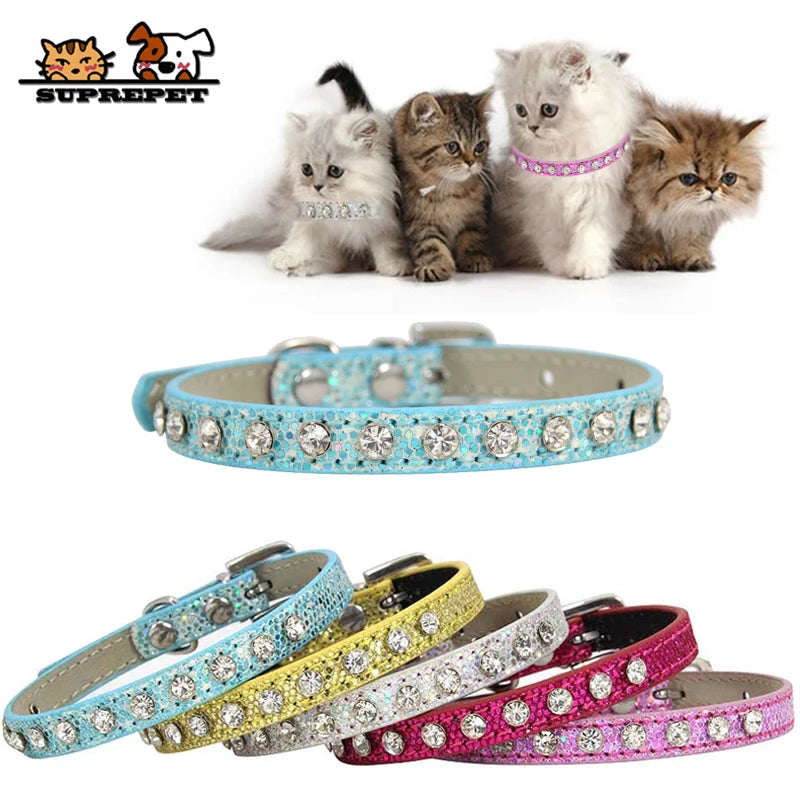 SUPREPET Diamond Rhinestone Shining Dog Cat Collar Pu Leather Collar Puppy Small Cat Collar Dog Cat Accessories for Chihuahua