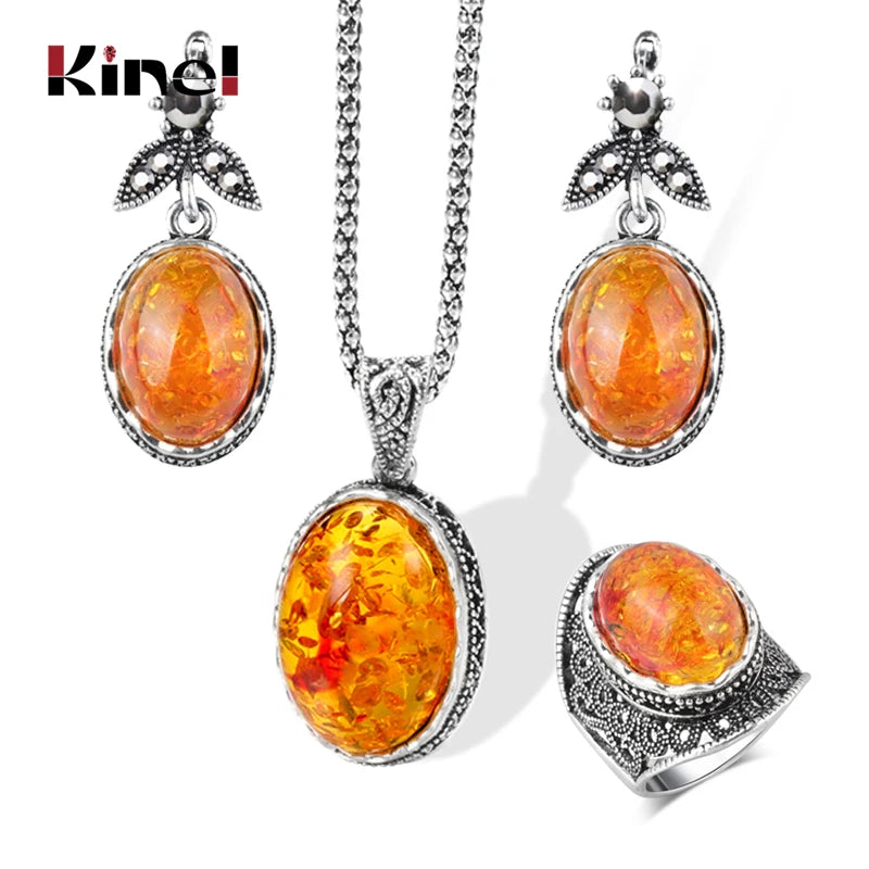 Kinel Hot Oval Simulated Ambers Earrings Ring Jewelry Sets Vintage Look Tibetan Silver Crystal Flower Necklace Women Jewelry