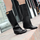 Women Boots Buckle Belt Flock Leather Low Heel Women's Boot Autumn Winter Loose Shoes Female Black Booties knee high Boots 33-43