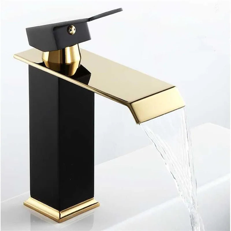 Gold and Black Basin Faucet Brass Waterfall Faucet Bathroom Faucet Bathroom Basin Faucet Mixer Tap Hot and Cold Sink faucet