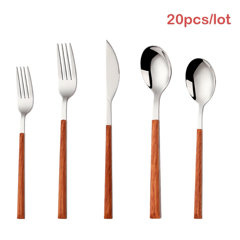 16/20/24Pcs 304 Stainless Steel Dinnerware Sets Glossy Silver Wooden Tableware Western Food Knife Fork Teaspoon Cubiertos