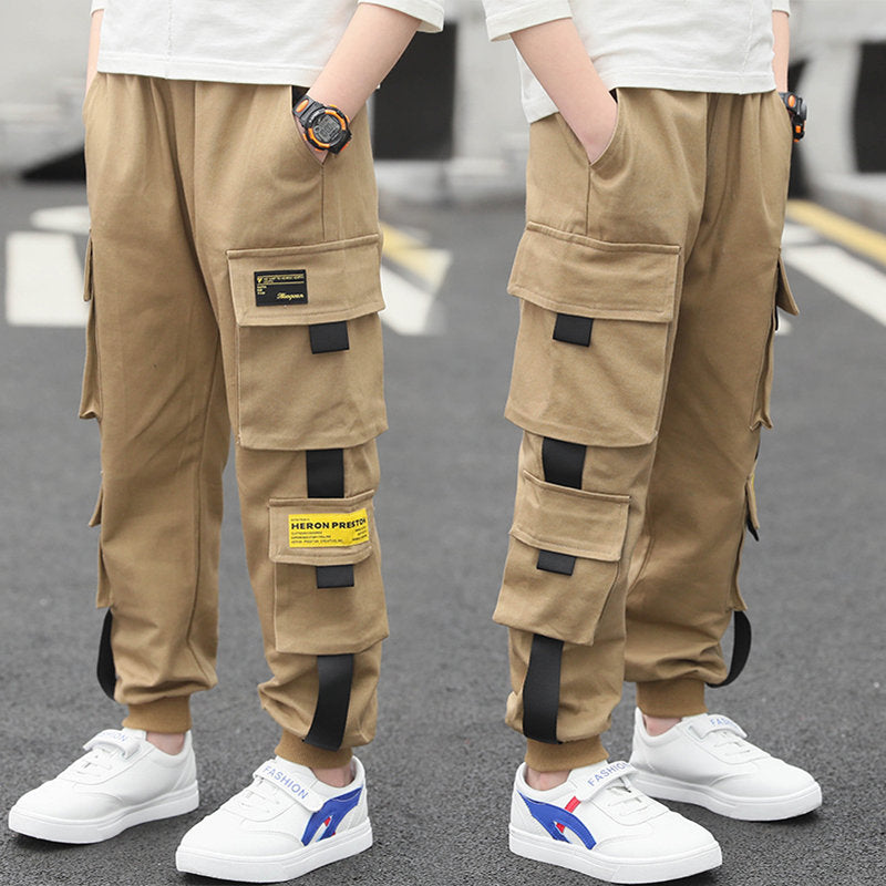 Kids Boy Tape Side Cargo Pants Loose Style Teenager Khaki Black Cargo Pants Classic Kids Sports Trousers for Big Boy 4-13 Years