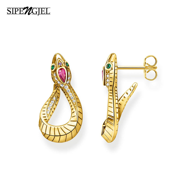 SIPENGJEL Fashion Green Eye Snake Shape Earrings Gold Silver Color Punk Geometric Animal Stud Earrings For Women Party Jewelry