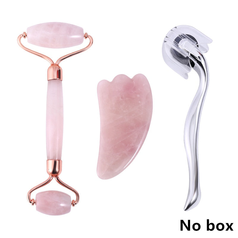 Rose Quartz Roller Massager Tool Natural Stone Facial Massager Jade Roller Microneedle Roller Jade Spatula Skin Care Kit Box