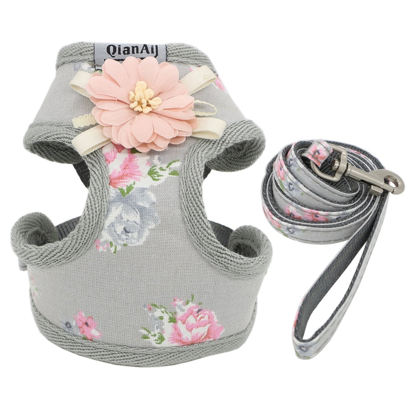 Dog Harness Leash Set Fashion Lovely Floral Breathable Adjustable Cat Harness Vest for Small Medium Dogs Cats Leashes Outdoor