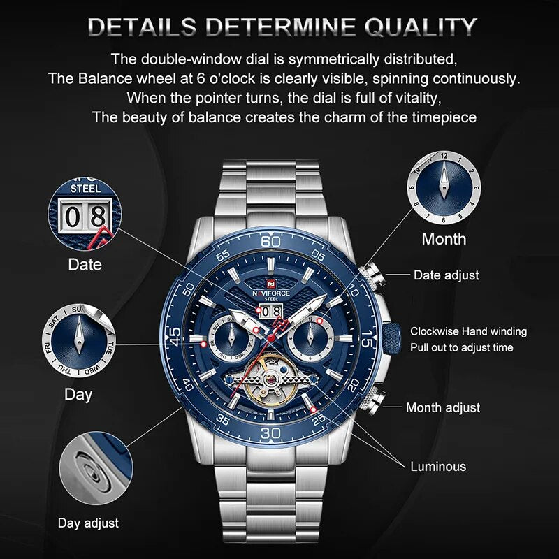 NAVIFORCE New Men Mechanical Watch 100M Waterproof Full Steel Wristwatch Date Week Month Display Man Luxury Watches reloj hombre