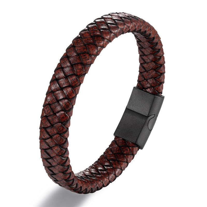MKENDN Punk Men Leather Bracelet Black Stainless Steel Magnetic Clasp Braided Woven Bangle Pulseras lovers' gift