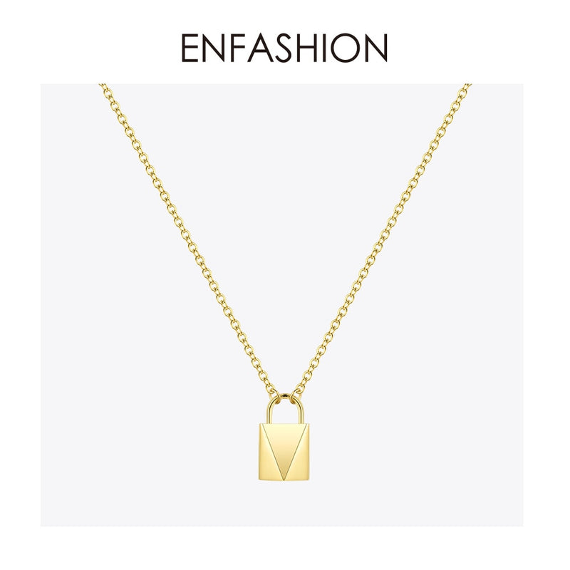 ENFASHION Cute Lock Choker Necklace Women Gold Color Stainless Steel Geometric Femme Pendant Necklaces Fashion Jewelry P193038