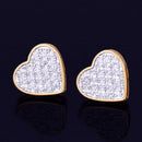14MM Width Heart-shaped Gold Color Stud Earring For Men Women Full Cubic Zircon Screw Back Earrings Fashion Hip Hop Jewelry Gift