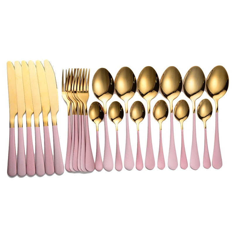 New Tableware Forks Knives Spoons Stainless Steel Golden Cutlery Set Silverware Set Gold 24 Pcs Stainless Steel Cutlery Complete