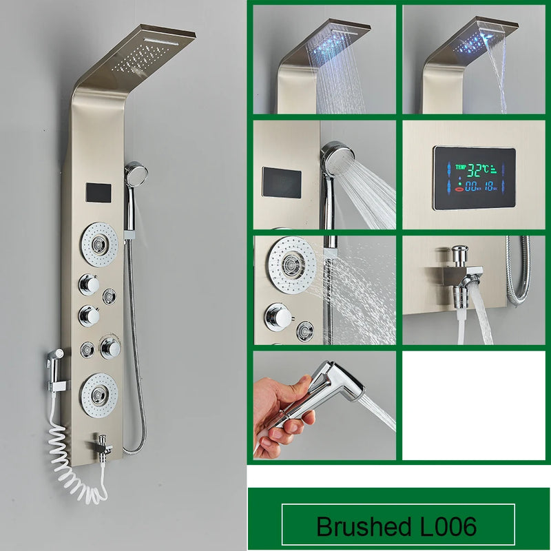 Black Bathroom Shower Panel SPA Massage Jet Shower Column LED Display Stainless Steel Shower System
