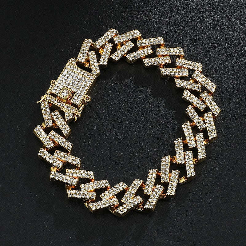 Hip Hop 15MM Bling Iced Out Full Rhinestone Bracelet Geometric AAA CZ Stone Cuban Chain Bracelets For Men Jewelry