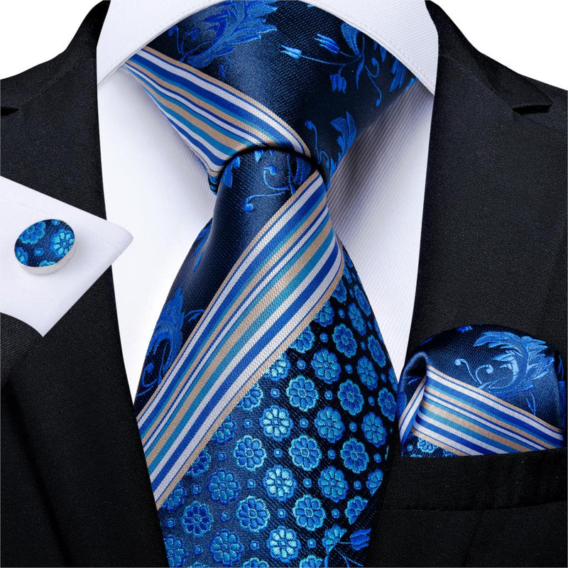 Gift Men Tie Teal Blue White Striped Silk wedding Tie For Men DiBanGu Designer Hanky Cufflink Quality Men Tie Set Business 7339