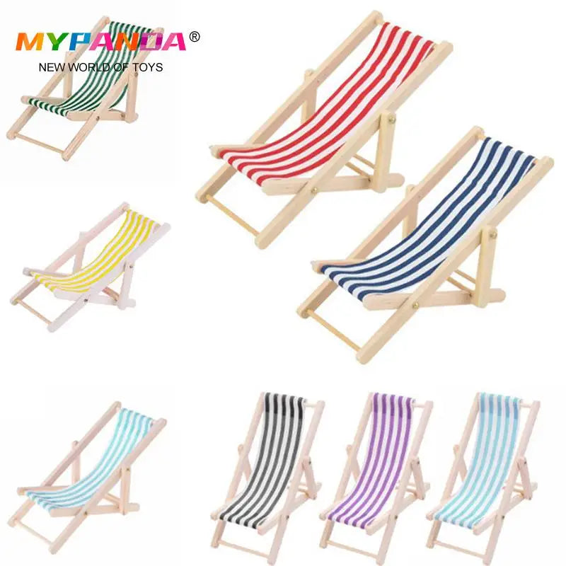 1:12 Mini Foldable Striped Wooded Beach Chair Recliner Sunbathing Chair Chaise Lounge Chair Dollhouse Furniture