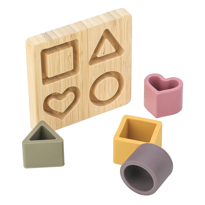 Cute Silicone Building Block Wooden Geometric Nature Teether Silicone Soft Block Folding Educational Memory Stacking toy Gifts