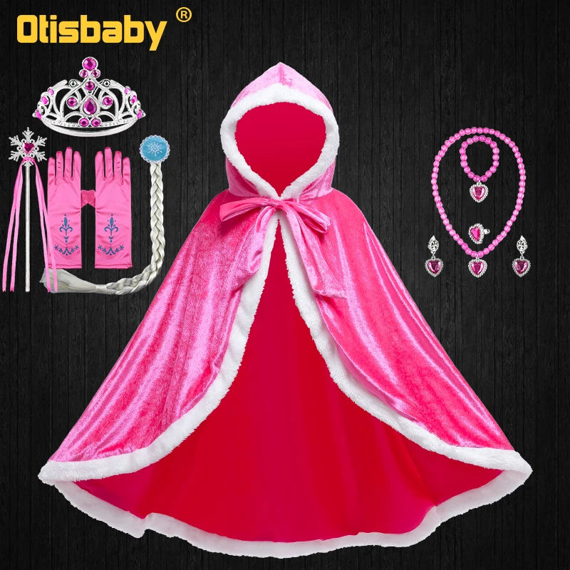 Children Snow Queen Anna&Elsa Girls Velvet Cloak Hooded Christmas Fairy Cinderella Rapunzel Aurora Belle Princess Dress Up Cape