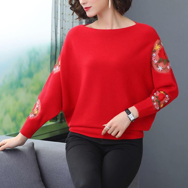 Flower Embroidery Batwing Sleeve O-Neck Spring Sweaters Women Casual Loose Knitted Pullovers  Large Size Knitwear Tops Female