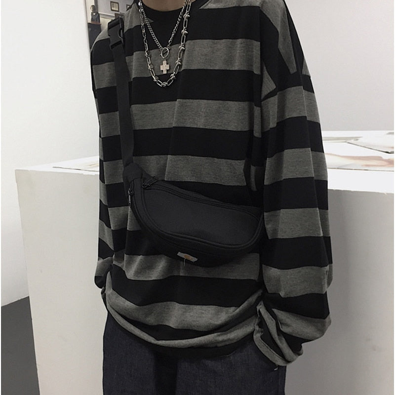 Harajuku Oversized High Street Stripe T-Shirt Long Sleeves Vintage Style All-Match Fashion Unisex Clothes Japanese Streetwear