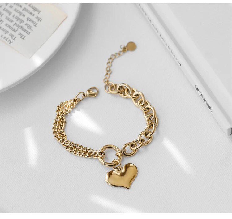 Titanium With 18K Gold Pave Heart Charm Bracelets  Japan Korean Style Party Designer T Show Runway INS Stainless Steel Jewelry