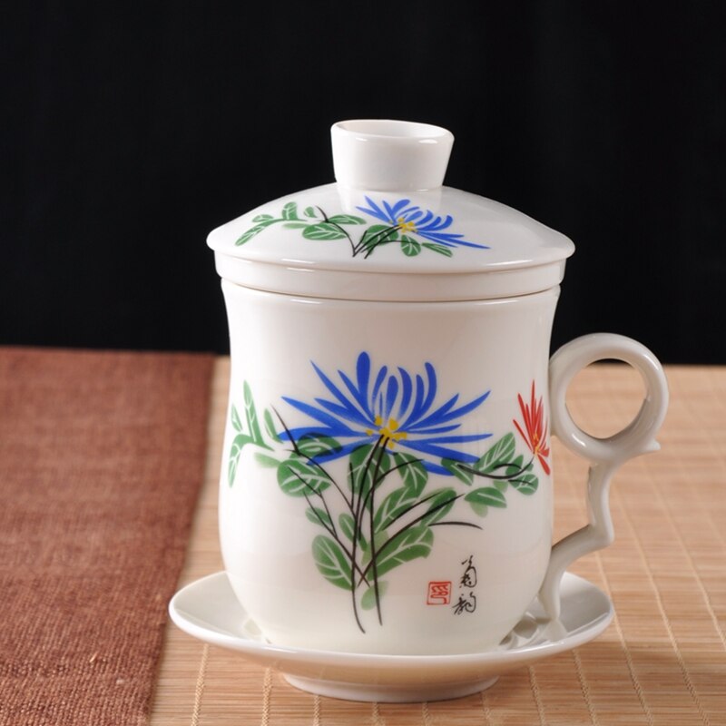 Blue and white porcelain ceramic office four-piece cup with lid including filter equipment personal lunch cup gift conference