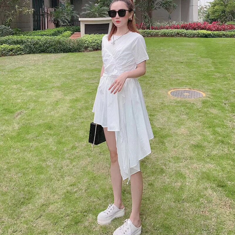 TWOTWINSTYL Eelegant Patchwork Ruffle Woman's T-shirt O Neck Short Sleeve Ruched Asymmetric Oversize Casual Shirt Female Fashion