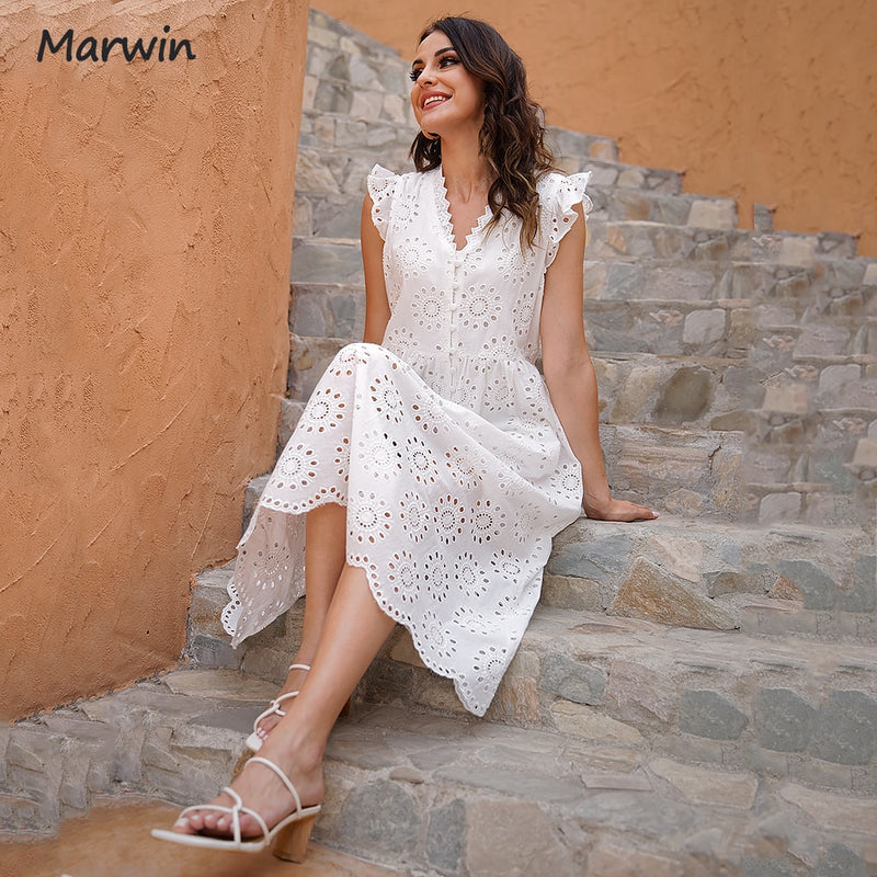 Marwin Long Simple Casual Solid Hollow Out Pure Cotton Holiday Style High Waist Fashion Mid-Calf Summer Dresses NEW Vestidos