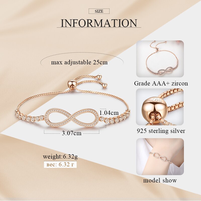 KALETINE Endless Mens Bracelets 925 Sterling Silver CZ Rose Gold Charm Bracelet Infinity Tennis Bracelets for Women Jewelry 2019