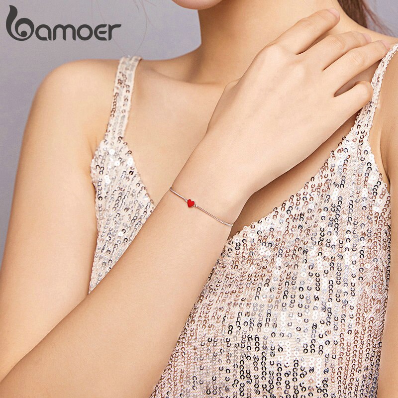 bamoer Authentic 925 Sterling Silver Simple Minimalist Red Heart Chain Bracelet for Women Enamel Statement Fine Jewelry SCB182