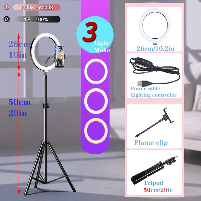 10&quot; LED Selfie Ring Light  Circle Fill Light Dimmable Round Lamp Tripod Trepied Makeup Photography RingLight Phone Stand Holder