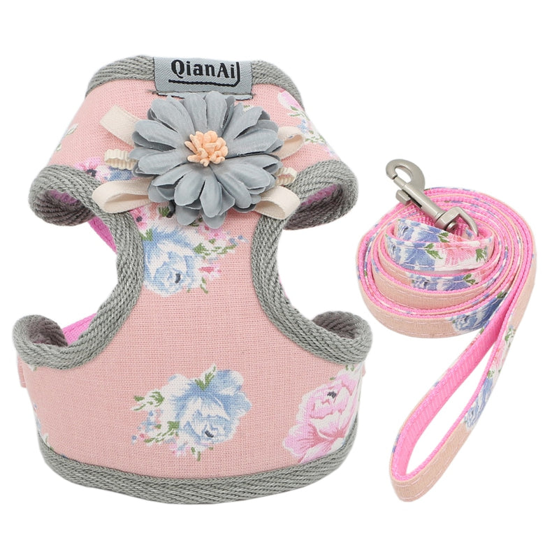 Dog Harness Leash Set Fashion Lovely Floral Breathable Adjustable Cat Harness Vest for Small Medium Dogs Cats Leashes Outdoor