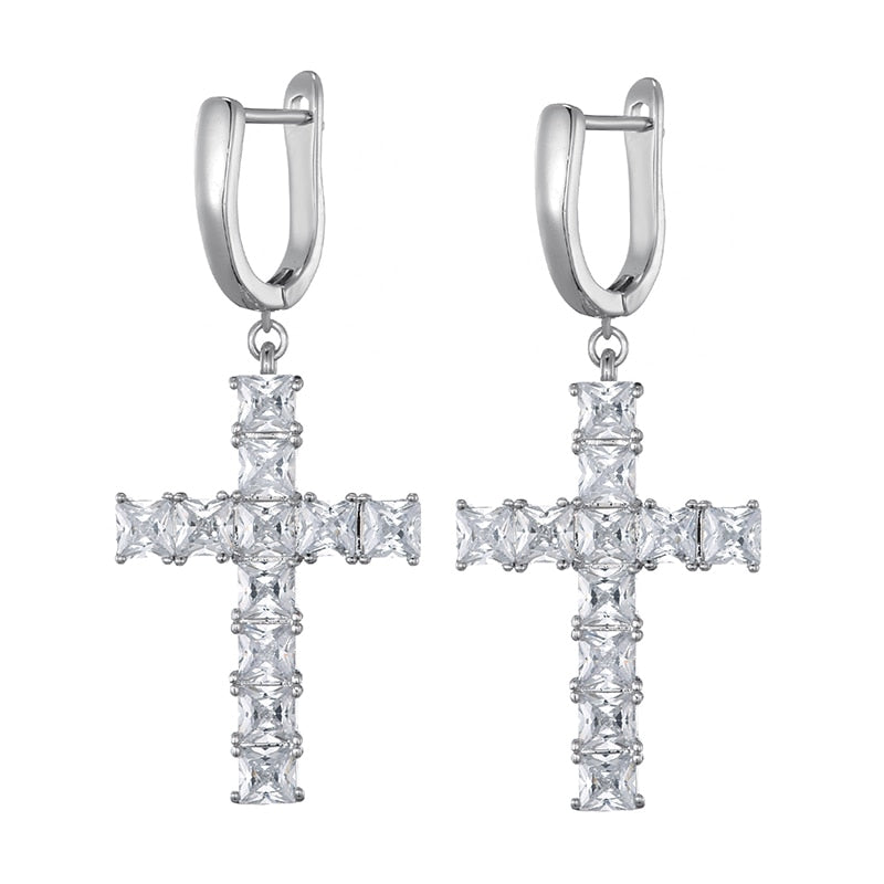 Hip Hop 1Pair Micro Paved Cross Full Bling Iced Out Earring Cubic Zircon Charm Stud Earrings For Men Hip Hop Jewelry